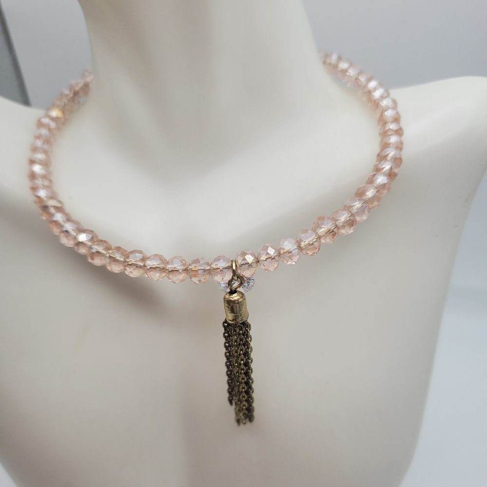 Elegant crystal pink champagne beaded choker collar necklace w tassel
